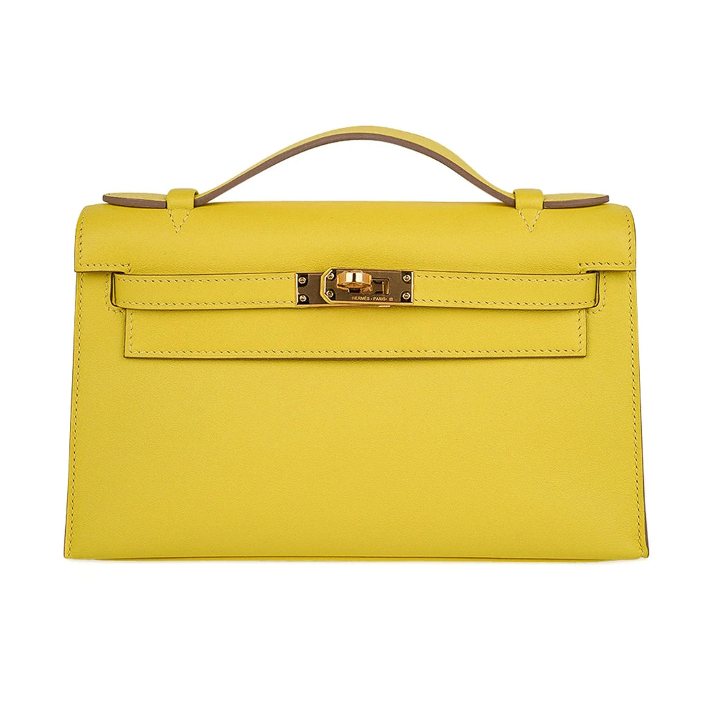 Kelly Pochette Bag Lime Clutch Gold Hardware Swift Leather
