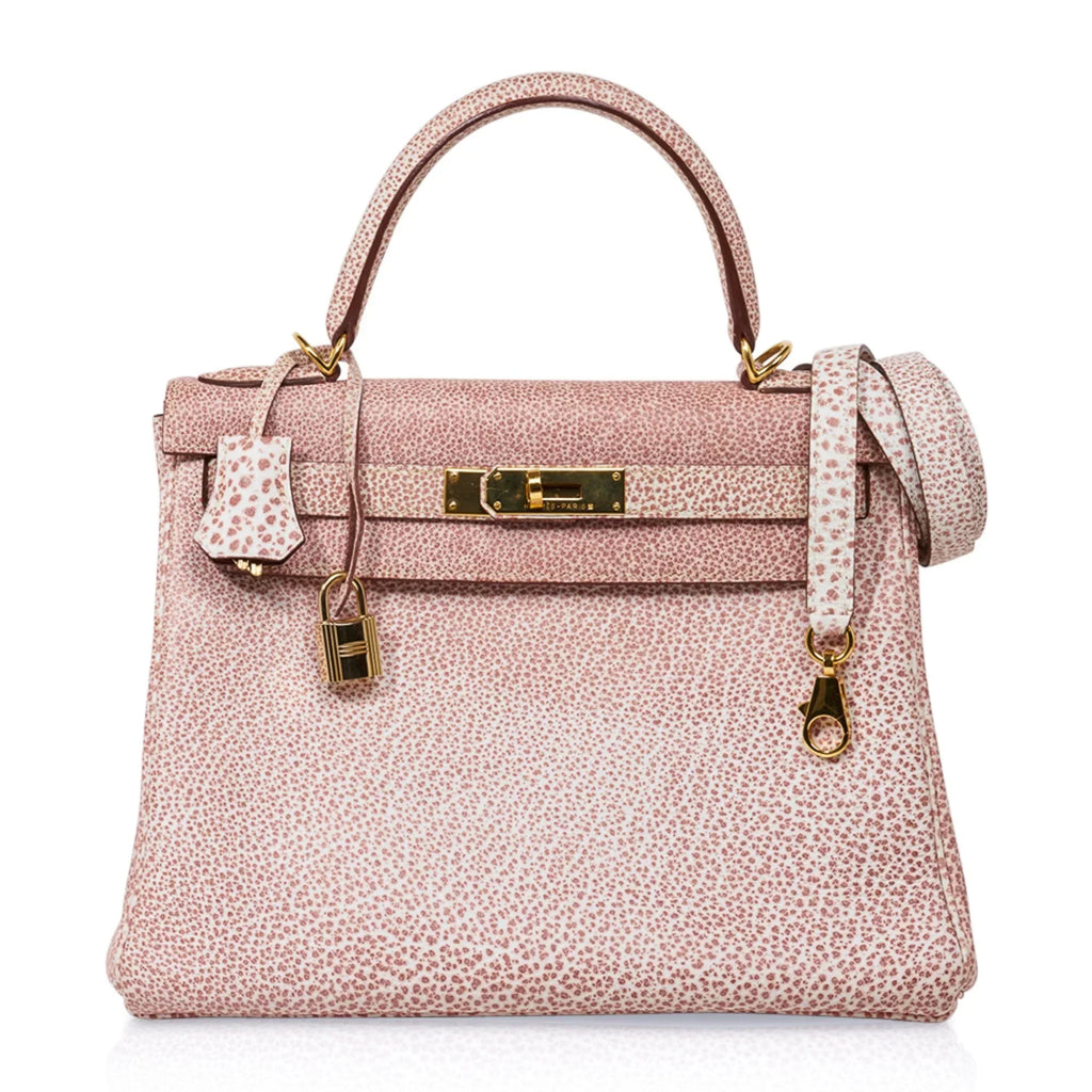 Kelly 28 Pink Dalmation Buffalo Skipper Leather Bag Gold Hardware