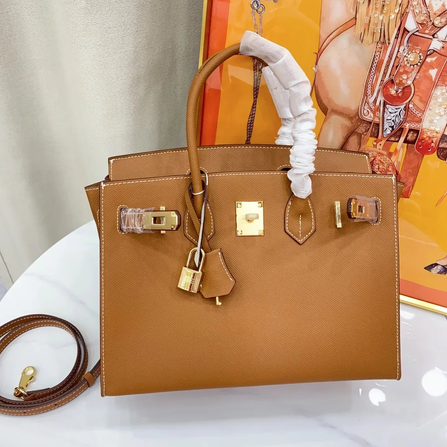 Birkin Sellier 25 Gold Epsom Leather Rolled Handles Gold Hardware Handbag