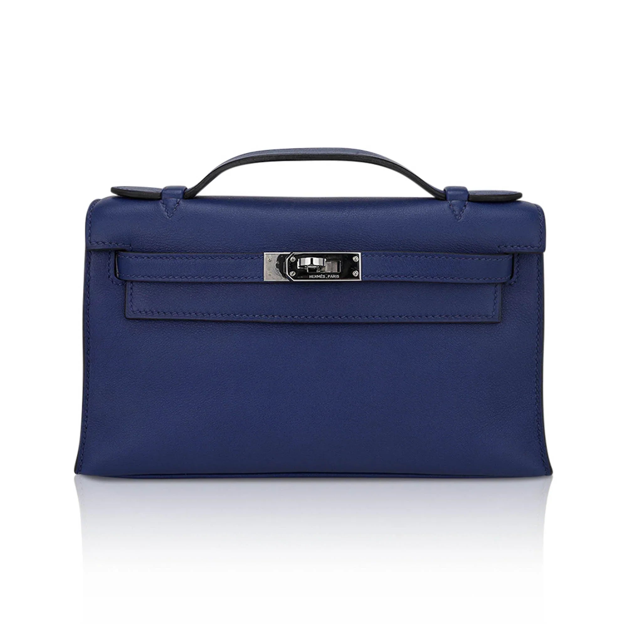 Kelly Pochette Clutch Bag Blue Sapphire Swift Leather with Palladium Hardware