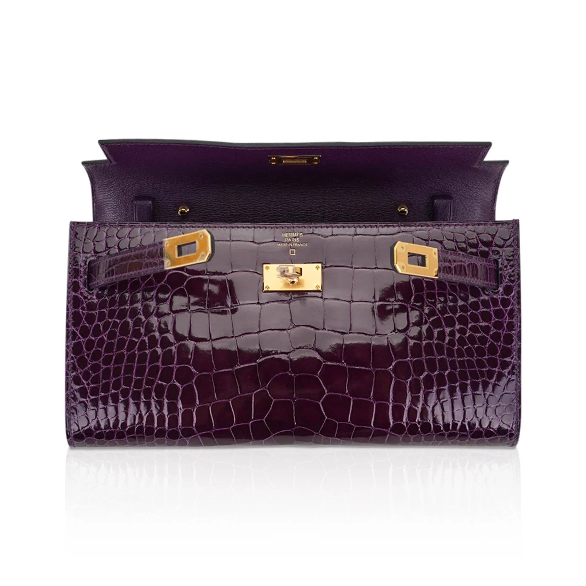 Kelly Classique To Go Wallet Cassis Alligator with Gold Hardware