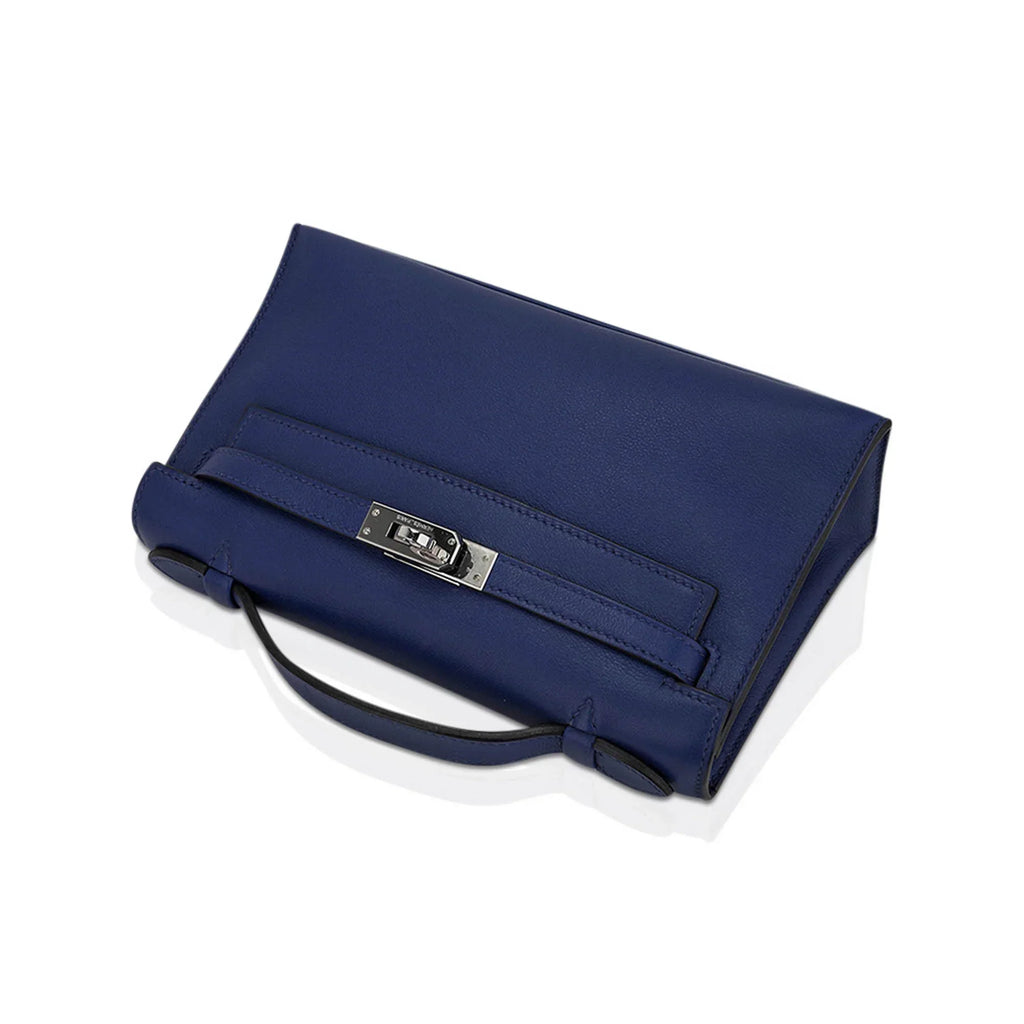Kelly Pochette Clutch Bag Blue Sapphire Swift Leather with Palladium Hardware